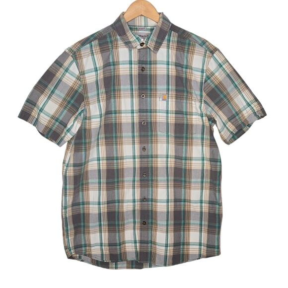 Men's Medium Carhartt Button Up Shirt Plaid Short Sleeve Relaxed Fit  Large Tall - Picture 1 of 4